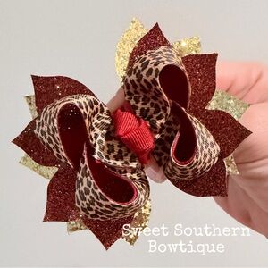 Leopard Red Gold Boutique Hair Bow With Glitter Tails
